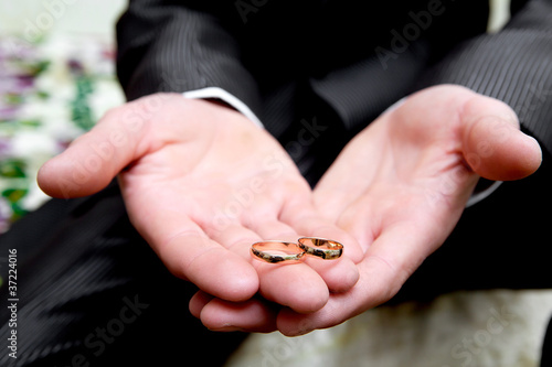 Gold wedding rings on a hand of the groom