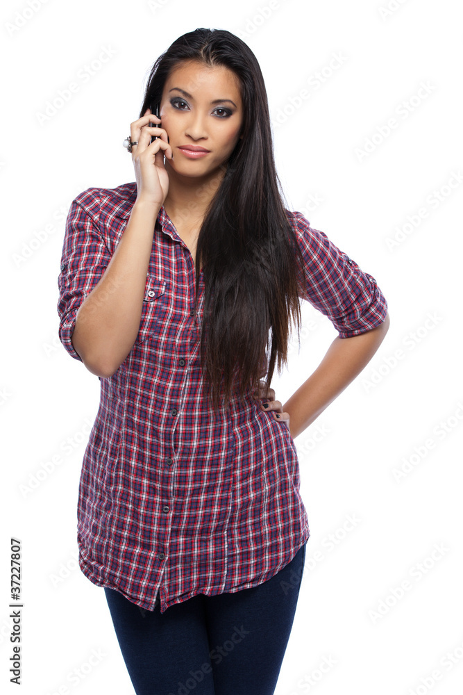 beautiful vietnamese woman making a call in studio beautiful vietnamese woman making a call in studio