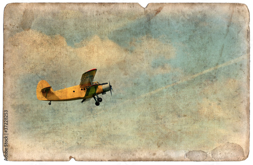 Obraz na plátně Vintage military postcard isolated, flying biplane
