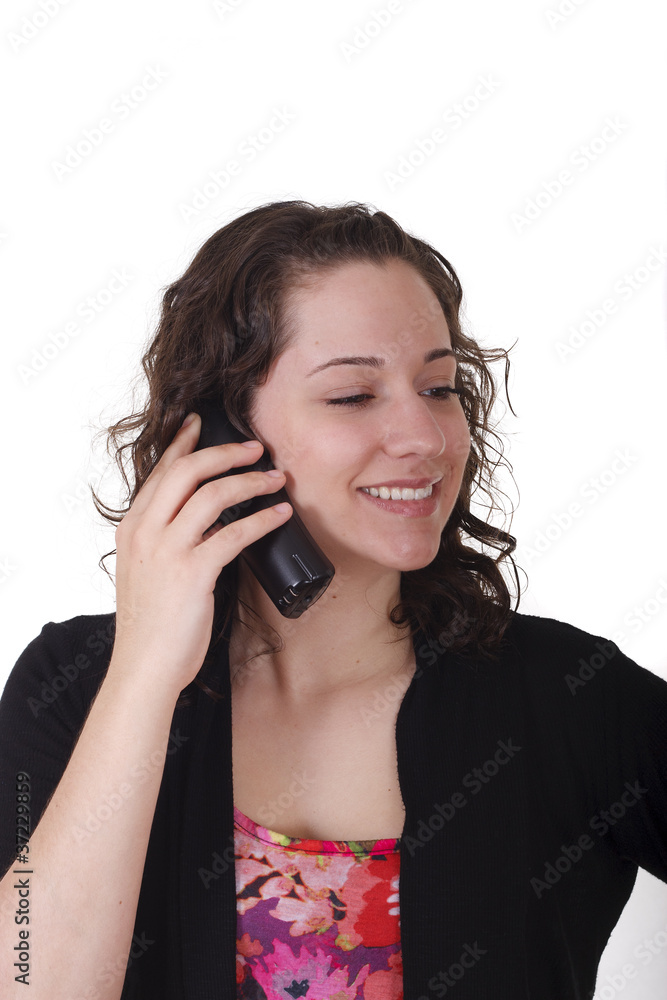 Young Brunette on Telephone Smiling Looking Left