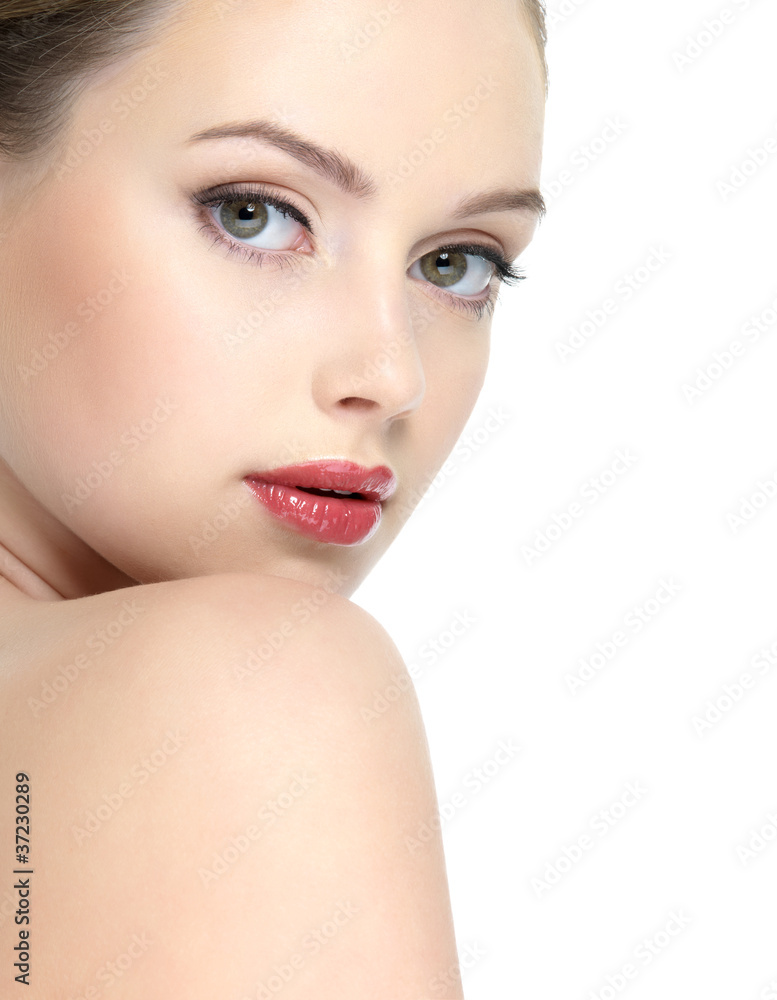 Beautiful face of young girl with red lipstick Beautiful face of young girl with red lipstick