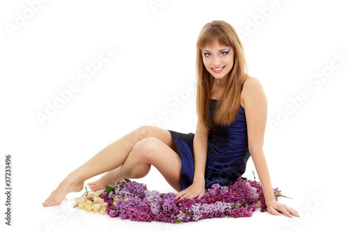 teen girl beautiful fresh with spring bunch flower lilac