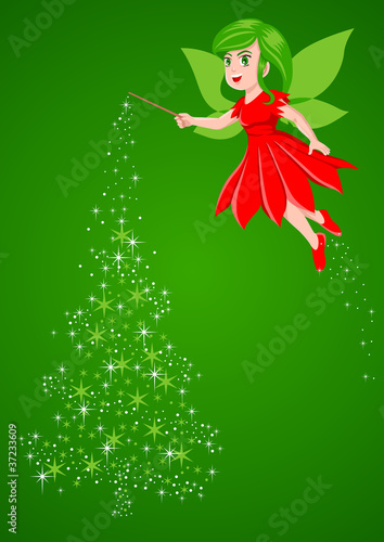 Vector illustration of a pixie making a Christmas tree