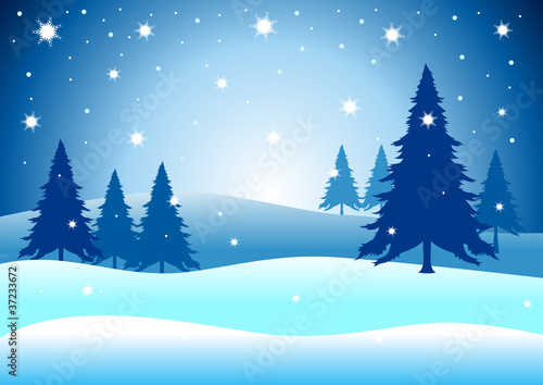 Vector illustration of pine trees on snowy hills