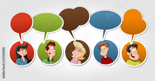 Group of cartoon people talking with speech balloon
