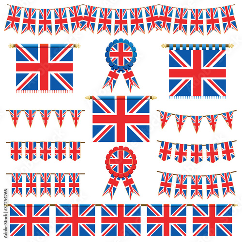 Set of vector clipart United Kingdom union jack banners, bunting and rosettes isolated on white