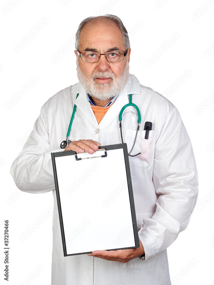 Senior doctor with clipboard and blank paper Senior doctor with clipboard and blank paper