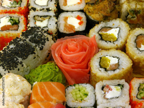 Assortment of traditional Japanese Sushi close-up
