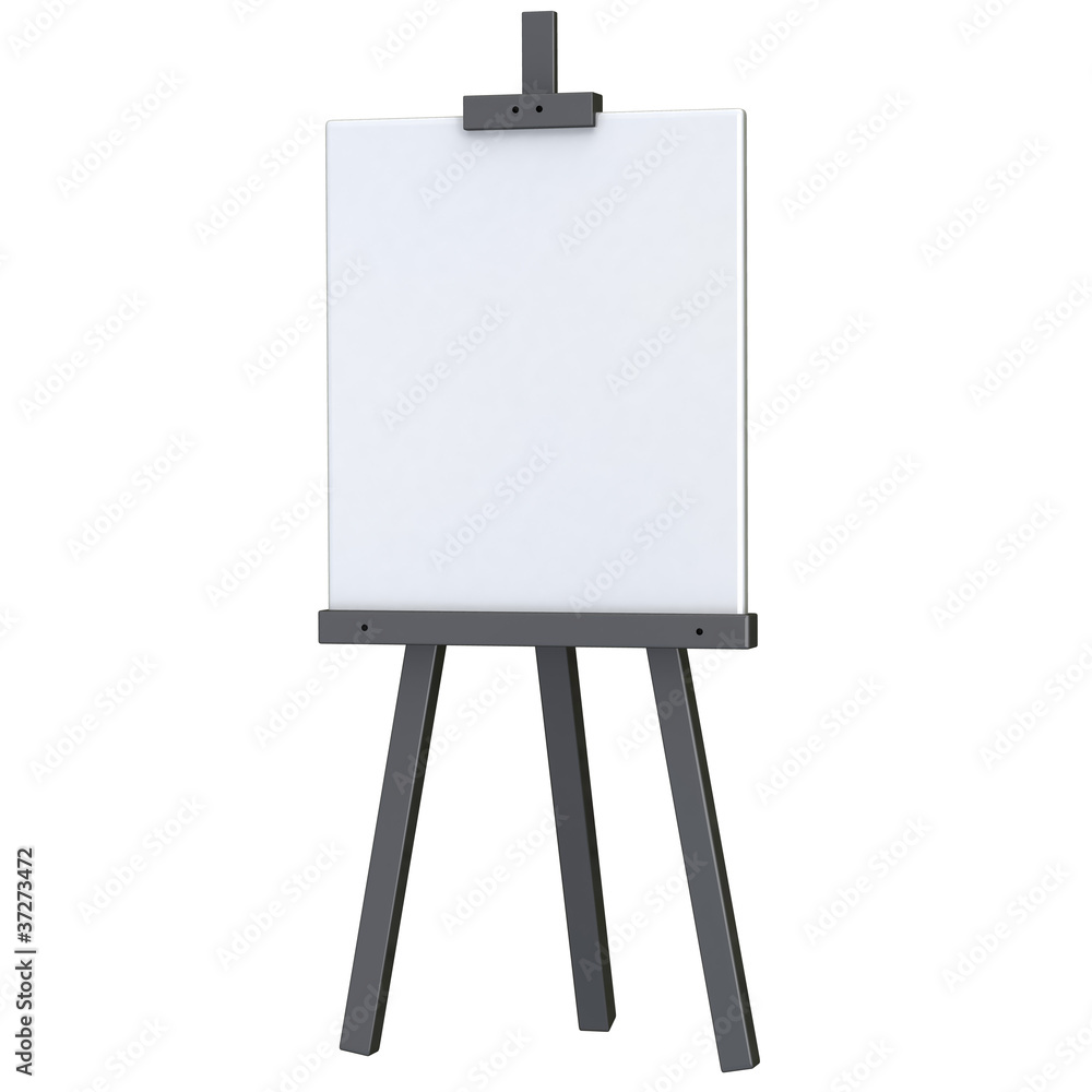 Blank white canvas on black easel 3d Blank white canvas on black easel 3d