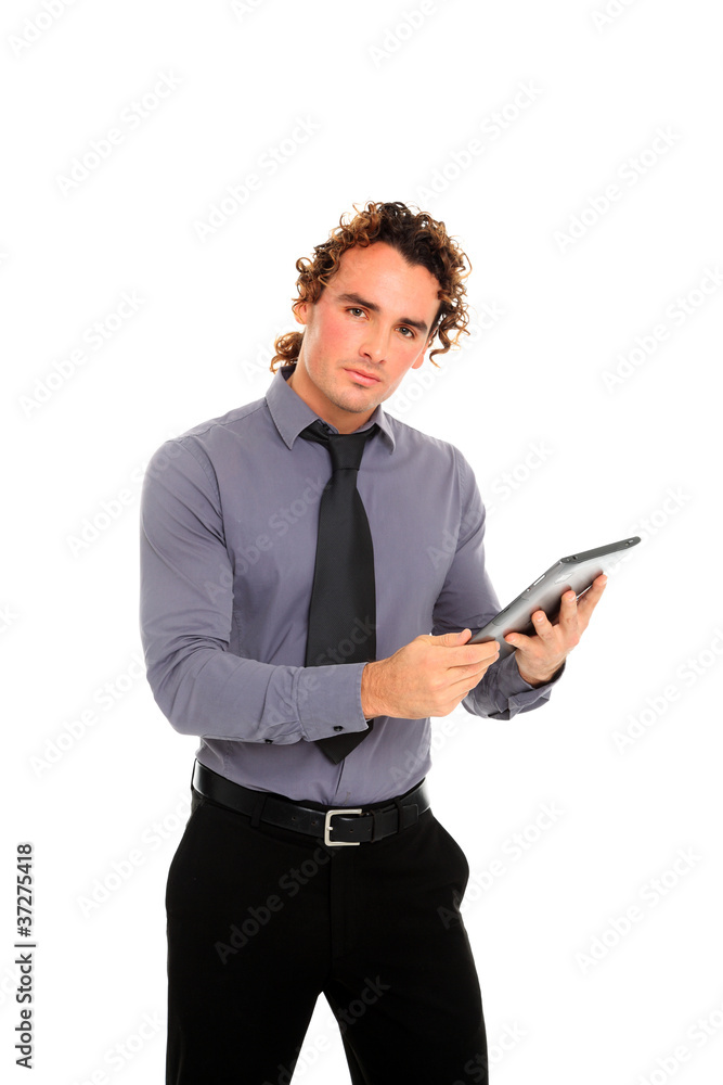 young business man standing using a tablet young business man standing using a tablet