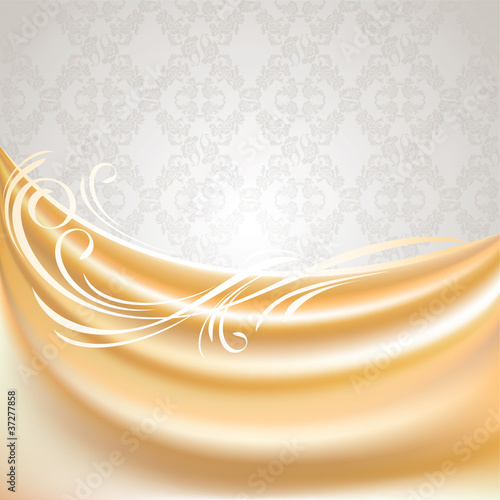 Beige curtain, silk tissue on gray background