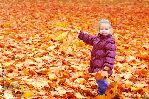 Adorable toddler girl with autumn leaves
