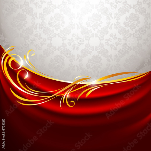 Red fabric curtain on gray background