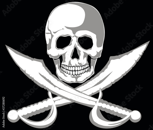 Skull and two pirate swords on black. Vector. Separate layers.