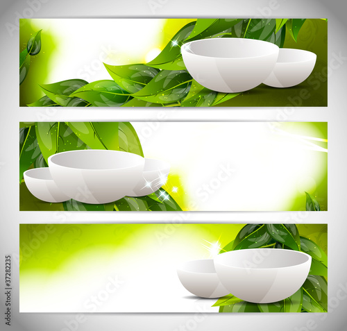 Set of banners with drinking bowl
