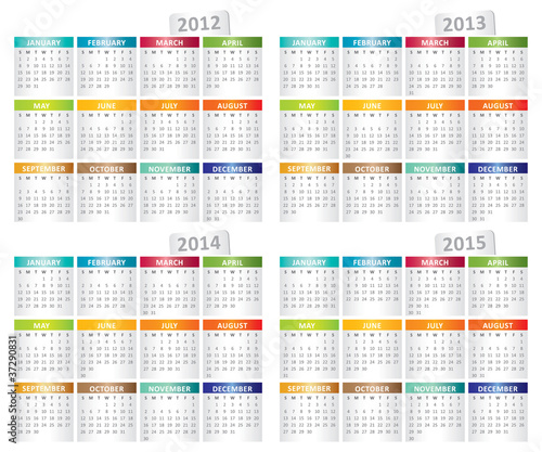 calendar for 2012, 2013, 2014, 2015 year