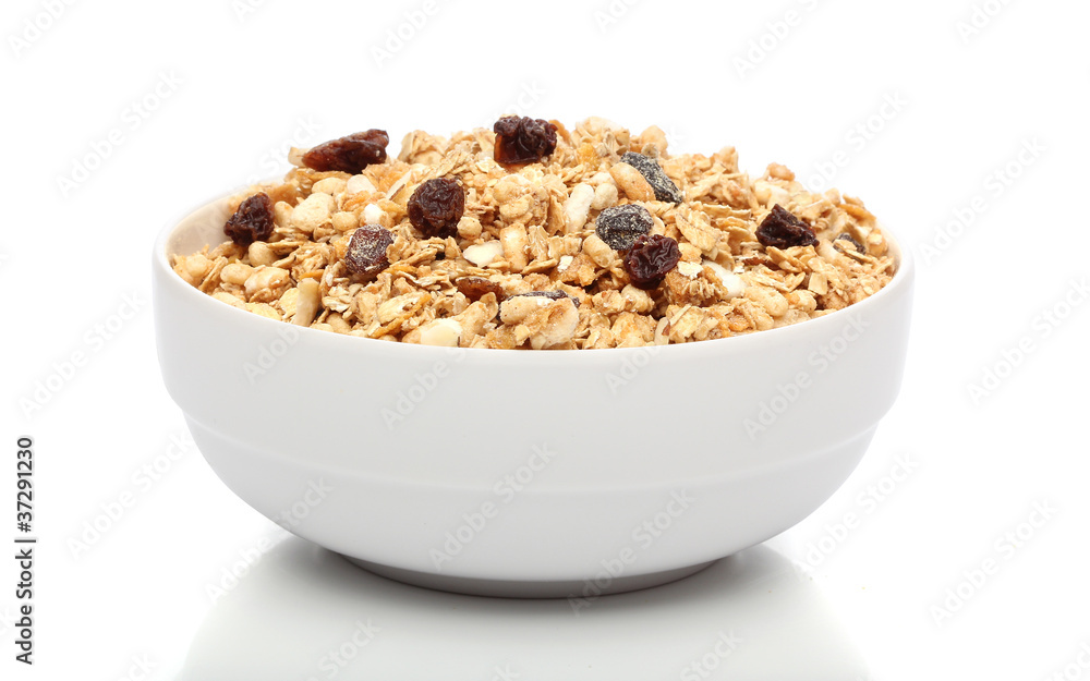 Granola breakfast on a bowl over white background Granola breakfast on a bowl over white background