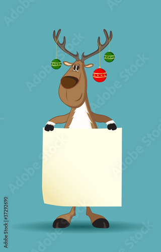 Reindeer with christmas balls on its antlers holding a paper