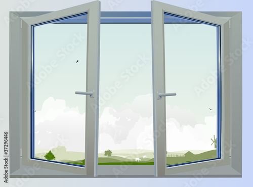 open window and country landscape