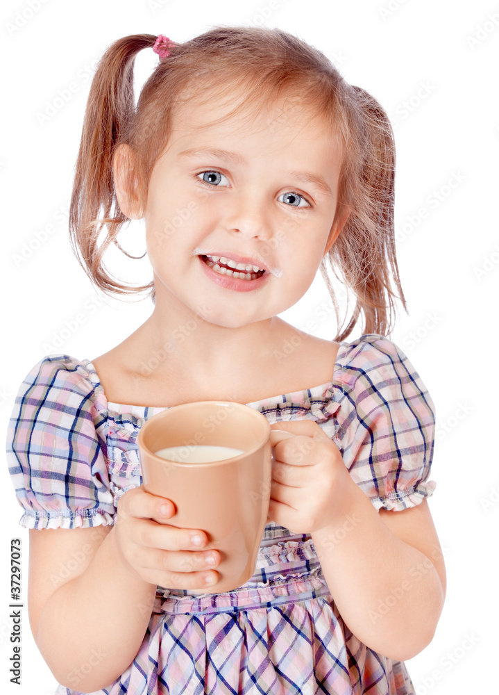 Cute girl drinks milk isolated on white Cute girl drinks milk isolated on white