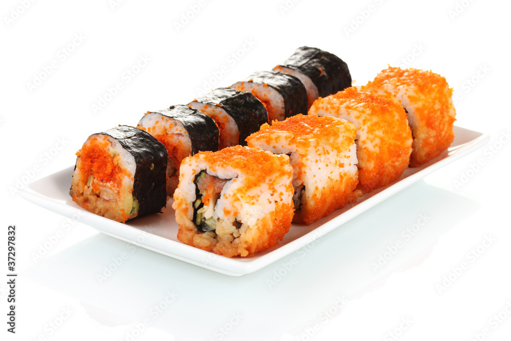 delicious sushi on plate isolated on white