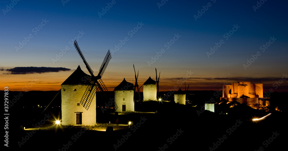 windmills with castle at night,Consuegra,Castile-La Mancha,Spain