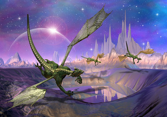 Fotobehang Draken Draken boven verloren fantasierijk  © diversepixel