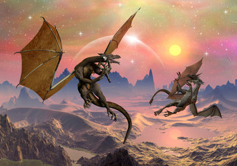 Fotobehang Draken Draken in betoverde fantasiewereld  © diversepixel
