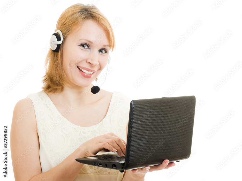 Surprised woman operator with a laptop and headphones. Surprised woman operator with a laptop and headphones.