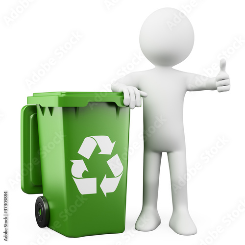 3D person showing a green bin for recycling photo