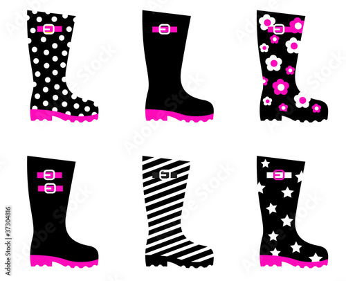 Retro patterned wellington rain boots isolated on white ( black,
