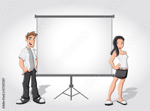 Group cartoon teenagers and white billboard