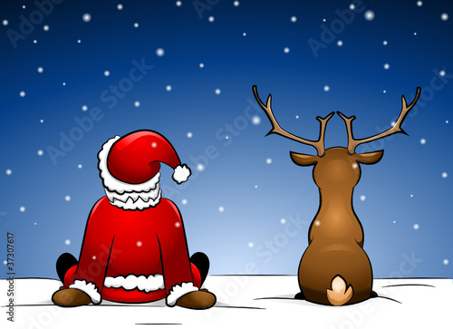 Santa und Rudolph im Schnee sitzend