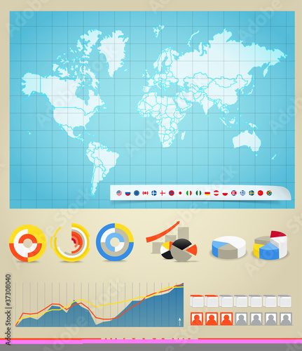 World map, flags of different countries and diagrams