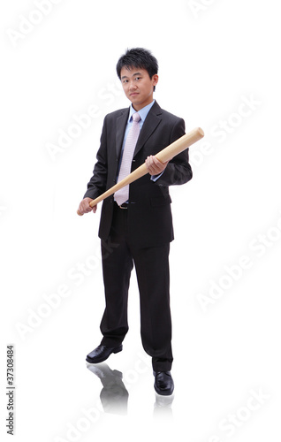 Business asian man take baseball bat with confident face