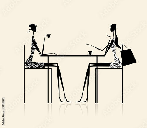 Fashion girls in cafe, illustration for your design