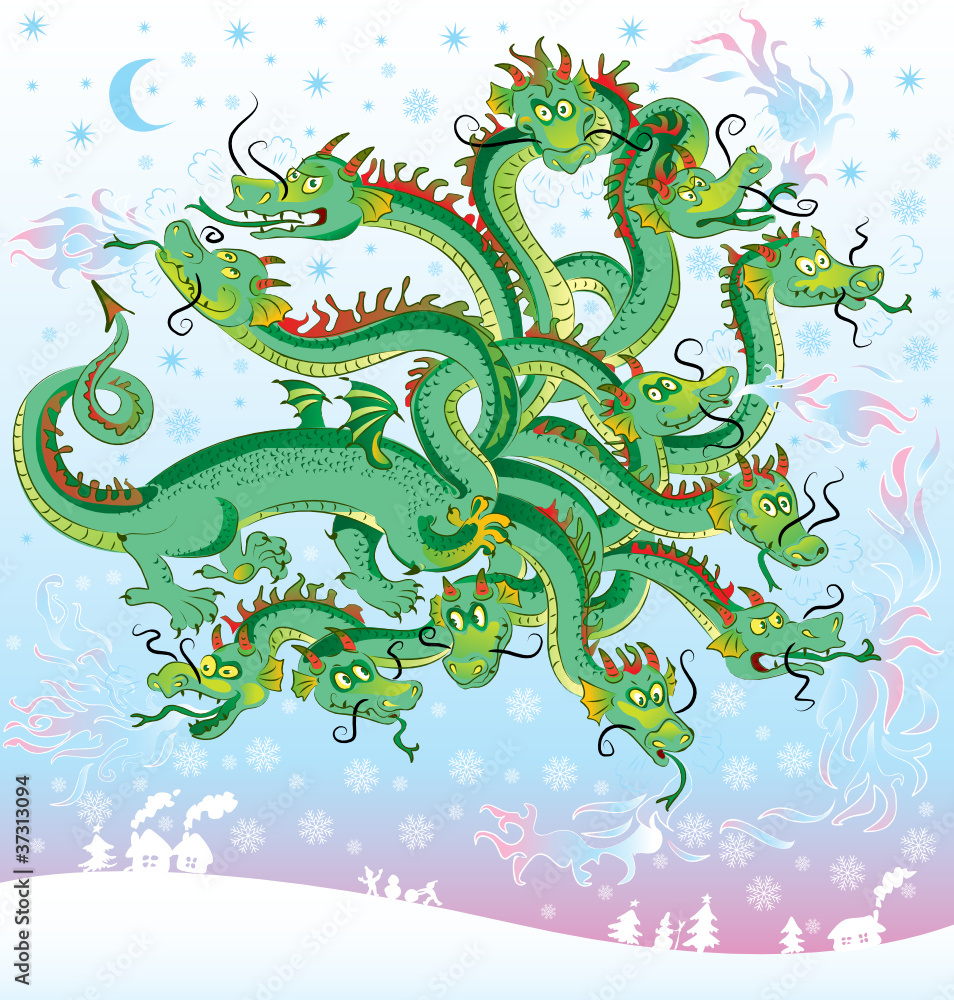 Dragon with twelve heads, vector illustration