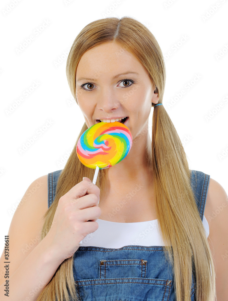 happy curly  woman with a lollipop