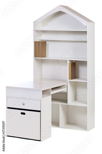 Wooden workstation (desk and bookcase), with clipping path