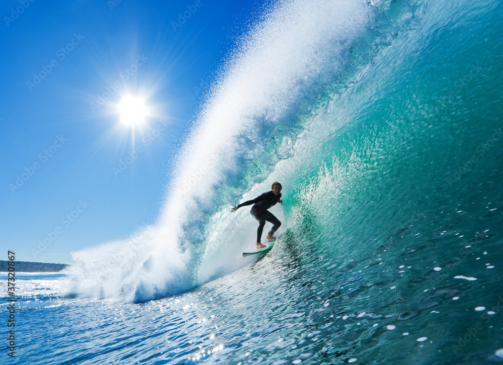 Surfer on Blue Ocean Wave - obrazy, fototapety, plakaty 