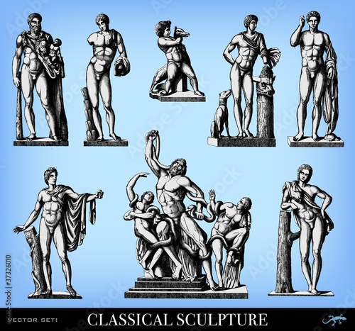 Engraving classical sculpture set.