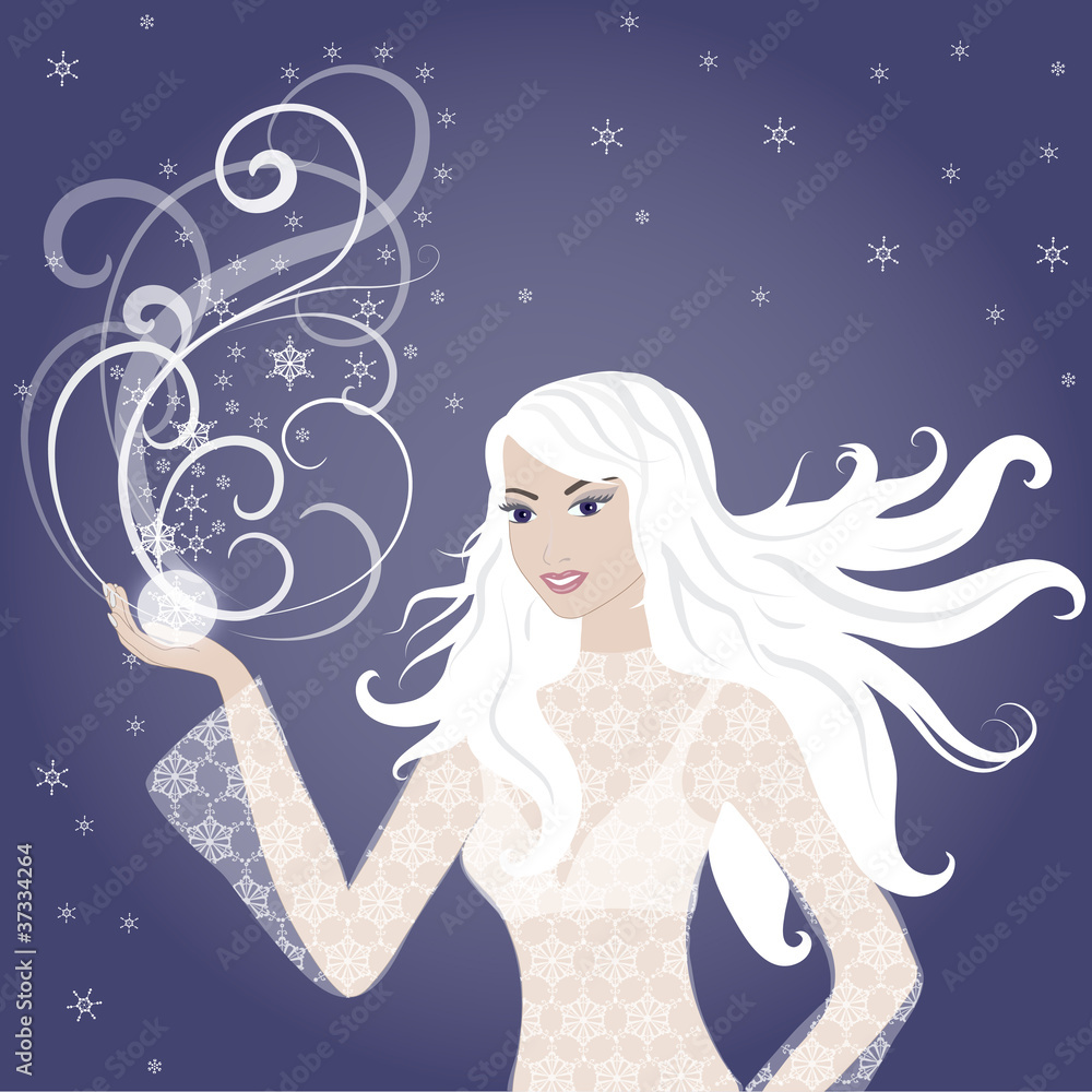 Vector blonde winter girl with whirl of snowflakes