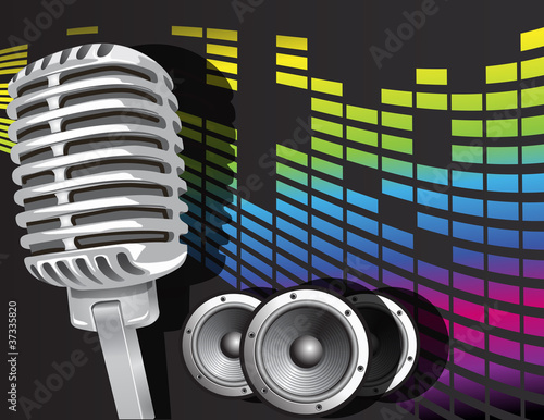Music background with speakers and microphone