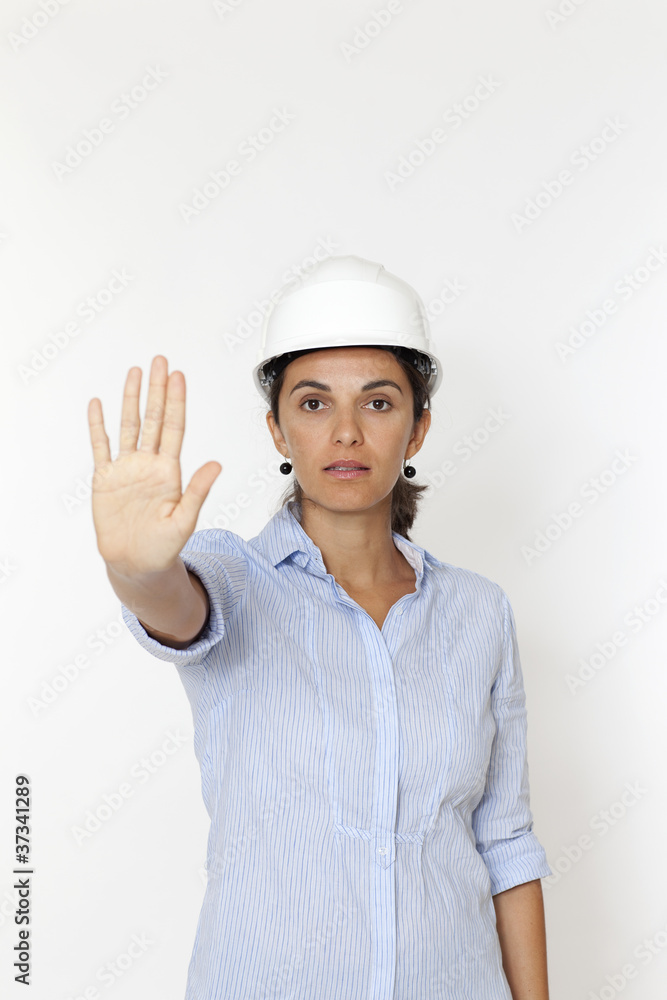 Ingenieurin verbietet mit der Hand und sagt Stop Ingenieurin verbietet mit der Hand und sagt Stop