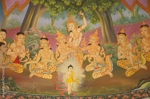 Painted on temple wall about buddha's biography