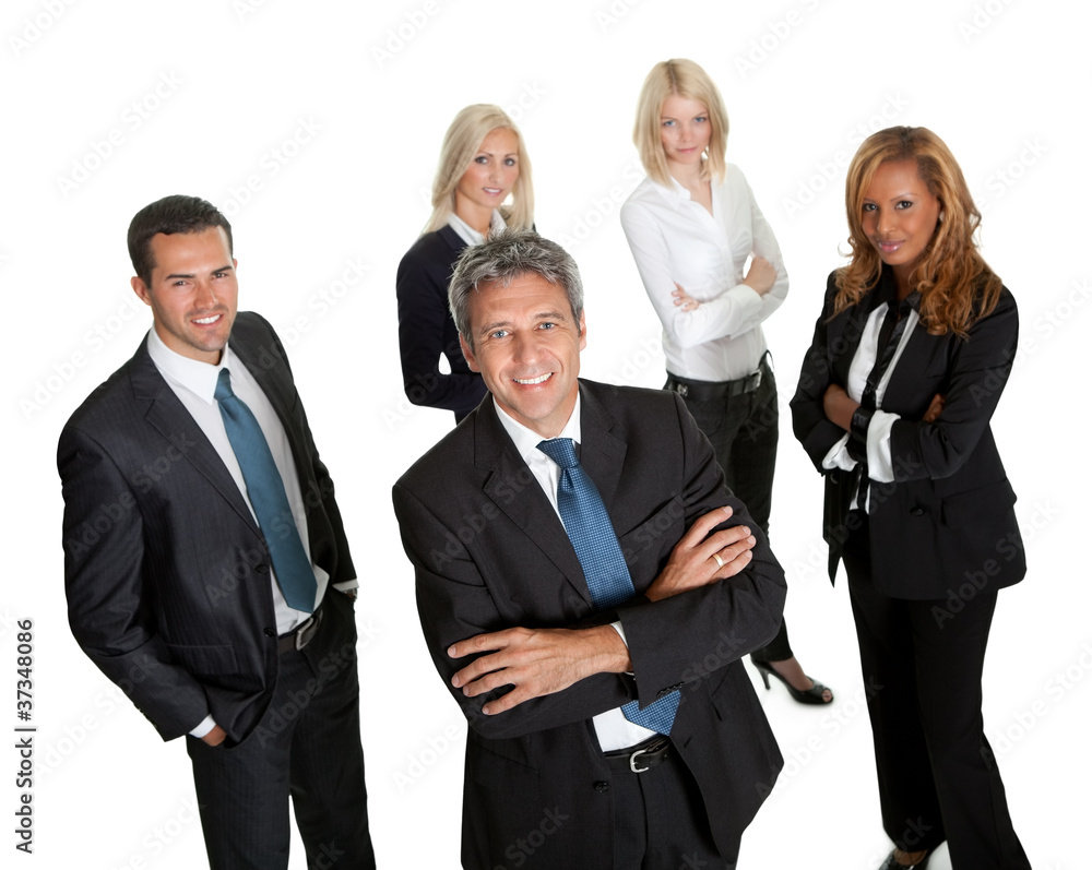Confident business leader with his team Confident business leader with his team