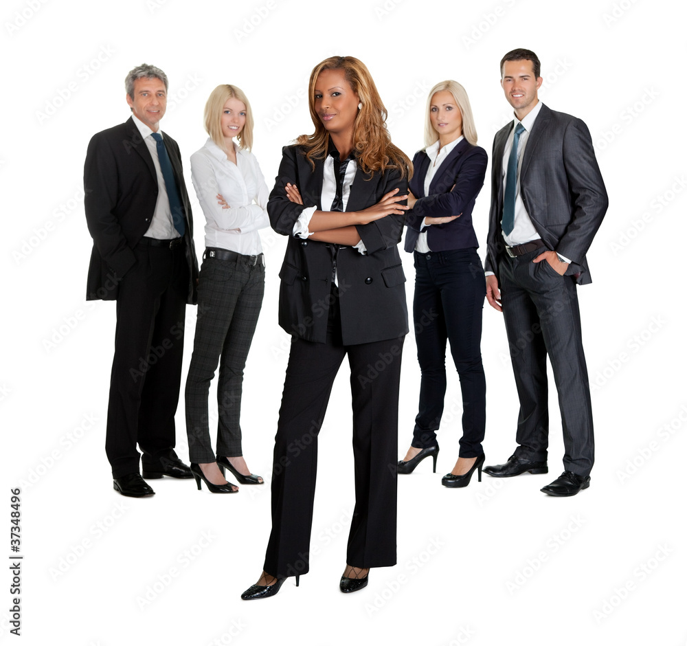Confident young business executive with her team Confident young business executive with her team