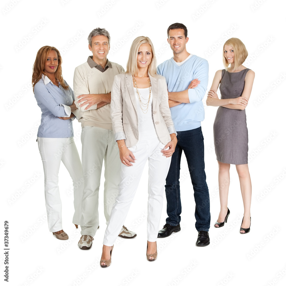 Casual group of people standing over white