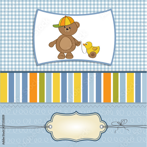 welcome baby card with boy teddy bear and his duck