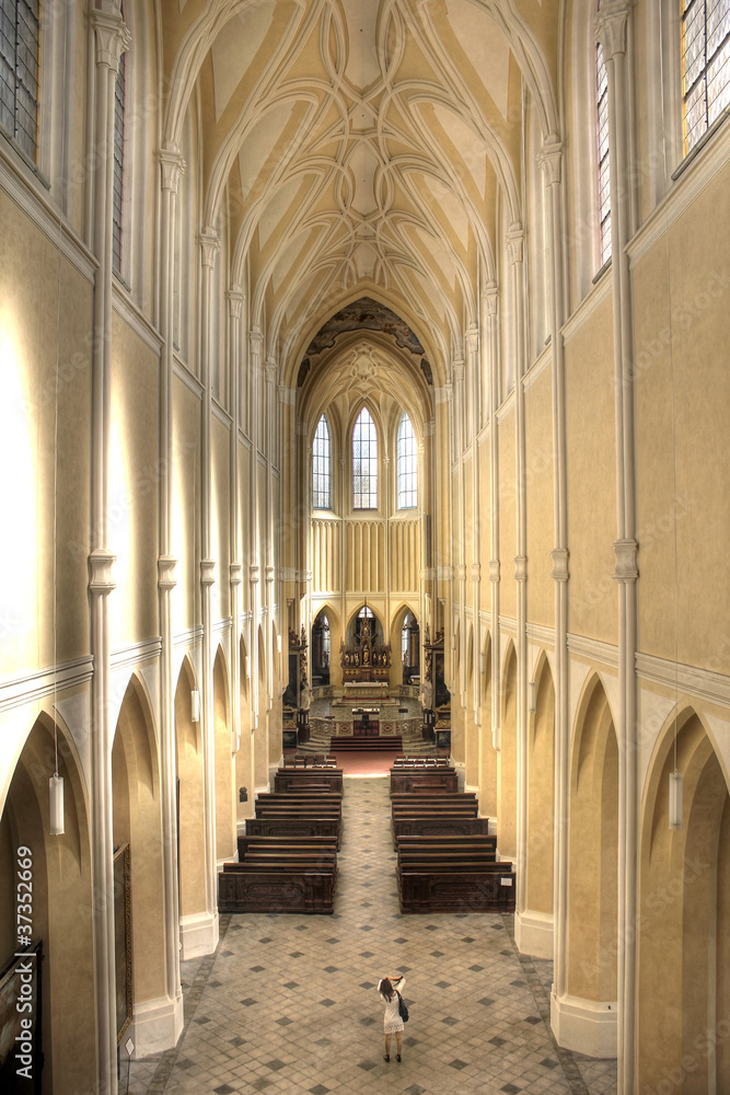 main aisle in gothic cathedral, hdr